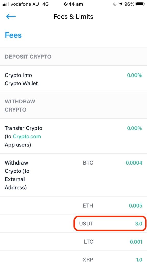 Crypto.com 앱 USDT 출금 수수료