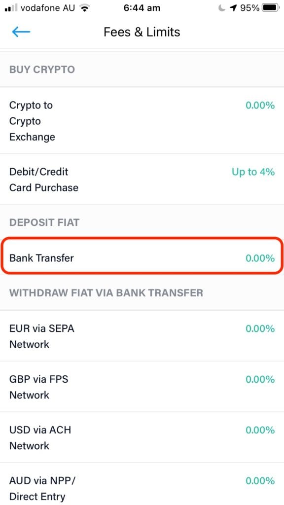 Crypto.com 앱 은행 송금 수수료